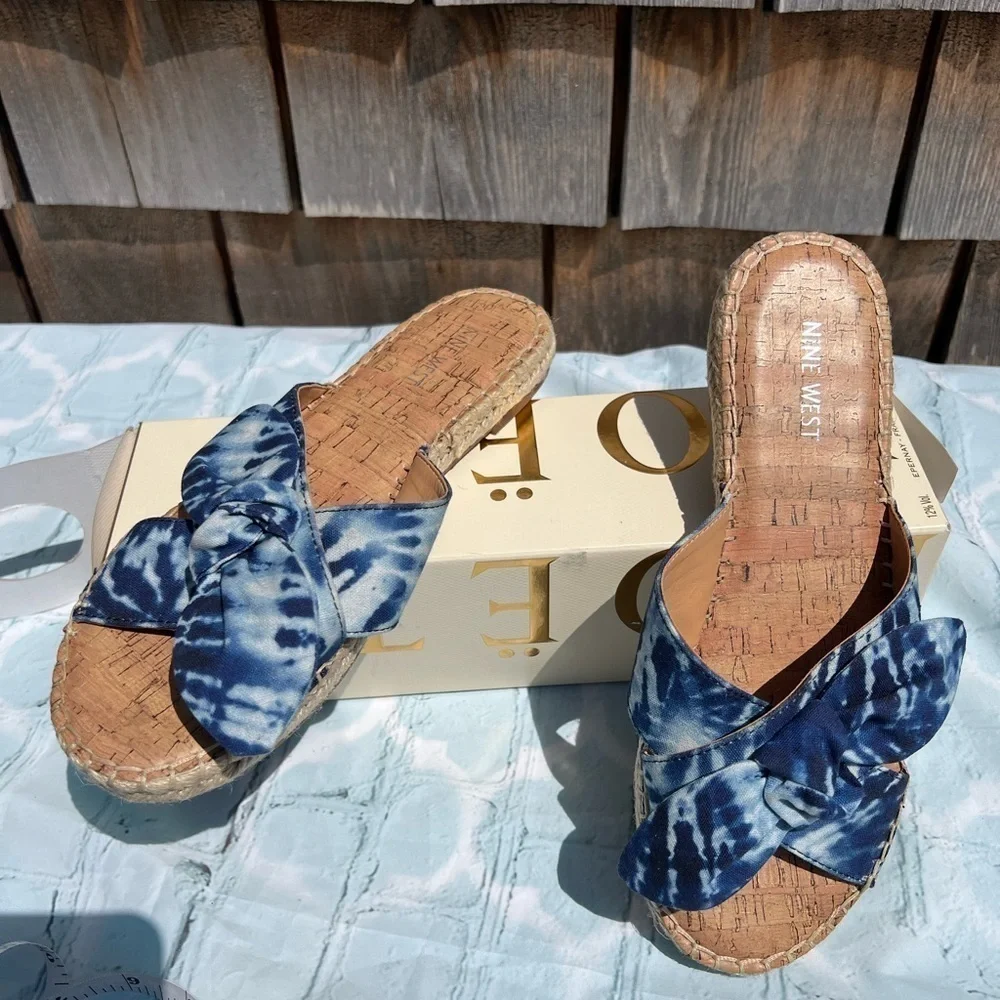 Nine West 9M Tie Dye Denim Espadrilles Casual Slide Sandals Women's EXC